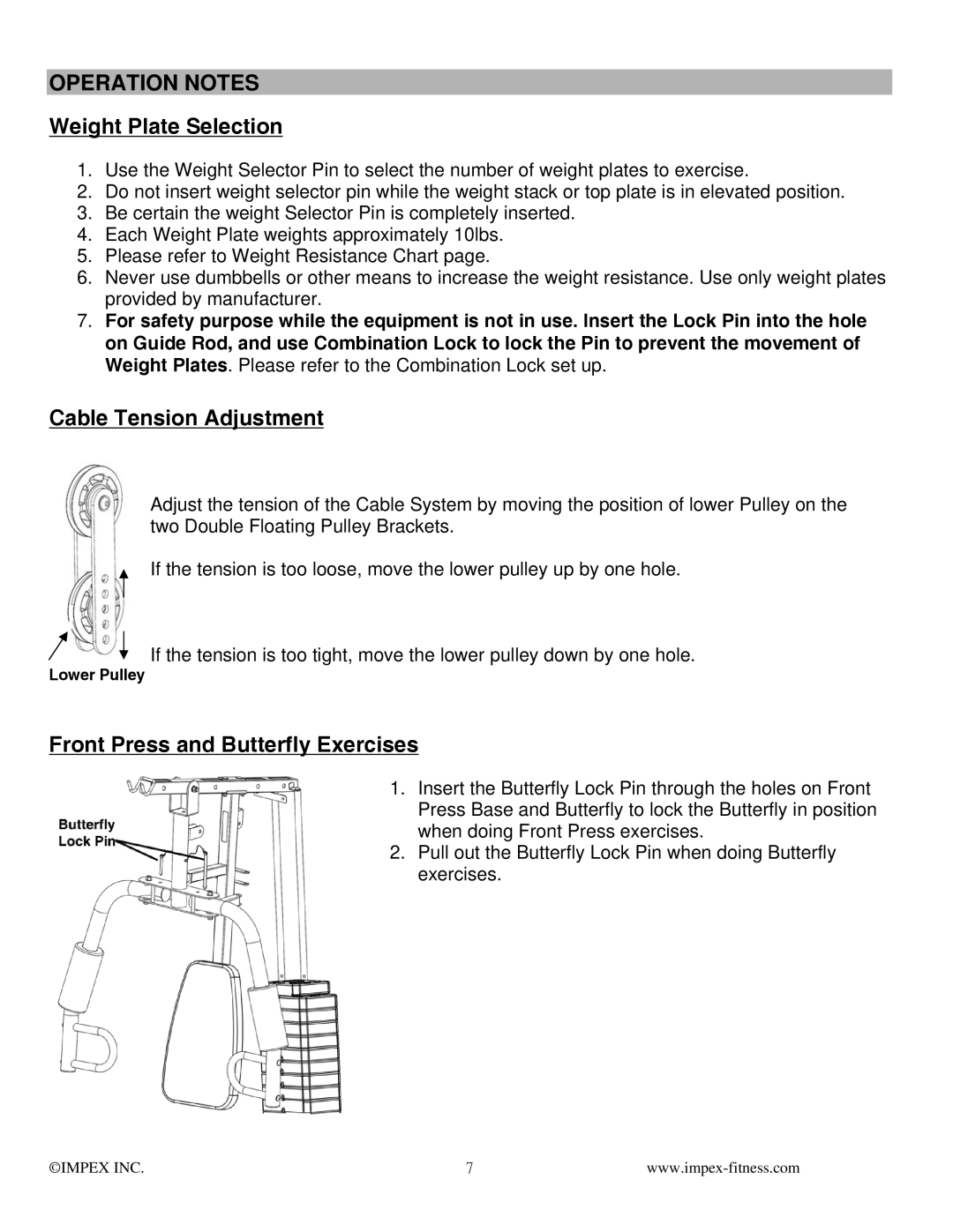 Impex MWM-988 manual Operation Notes, Weight Plate Selection 