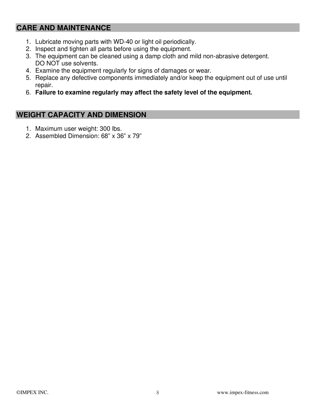 Impex MWM-988 manual Care and Maintenance, Weight Capacity and Dimension 