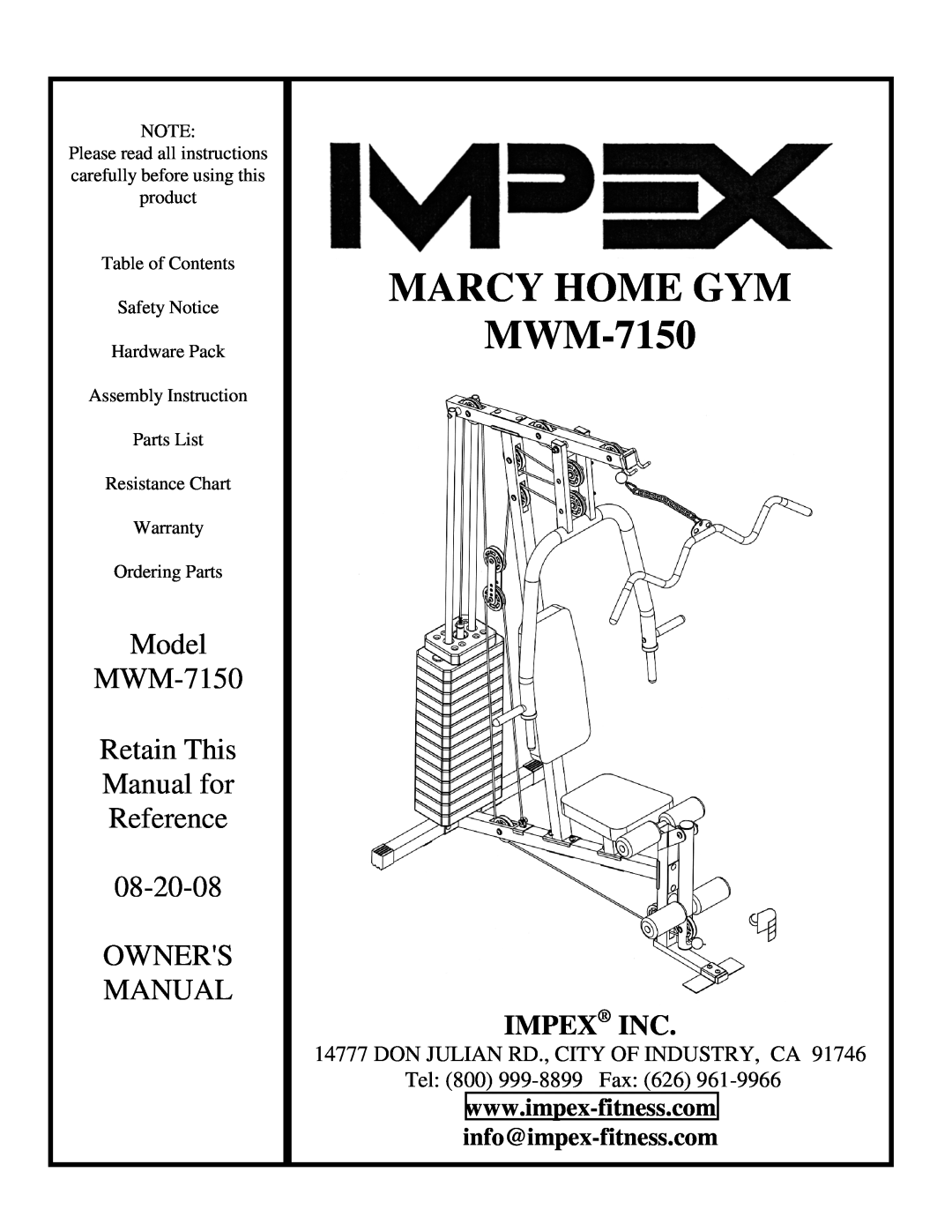 Impex MWM7150 manual info@impex-fitness.com, Marcy Home Gym, MWM-7150, Model, Retain This, Manual for, Reference, Owners 