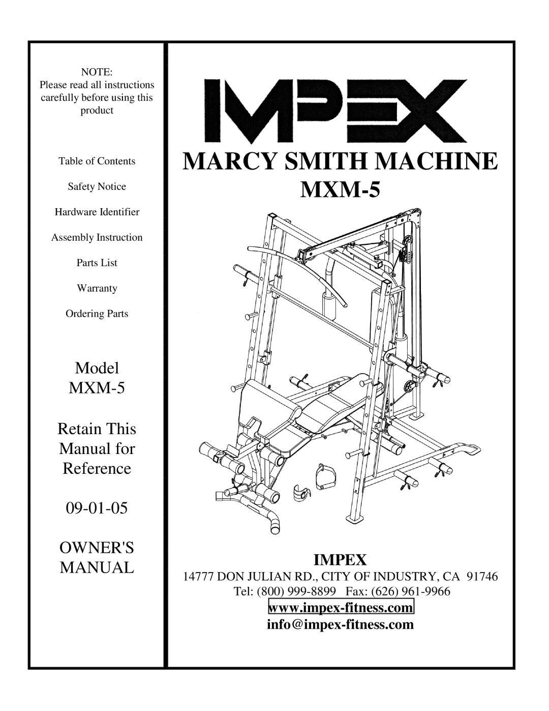 Impex MXM-5 manual Marcy Smith Machine 