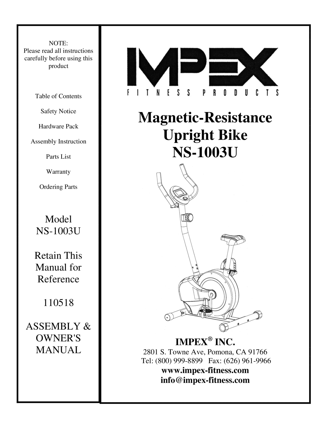 Impex manual Magnetic-Resistance Upright Bike NS-1003U 