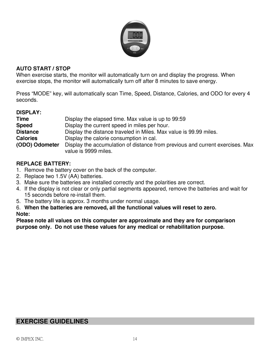 Impex NS-1003U manual Exercise Guidelines, Display the elapsed time. Max value is up to, Time 