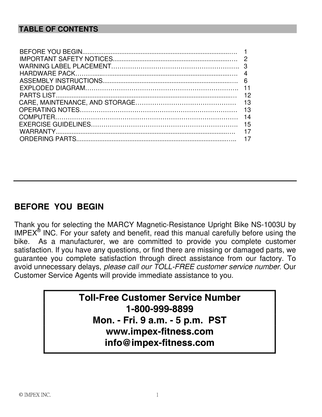 Impex NS-1003U manual Before YOU Begin, Table of Contents 