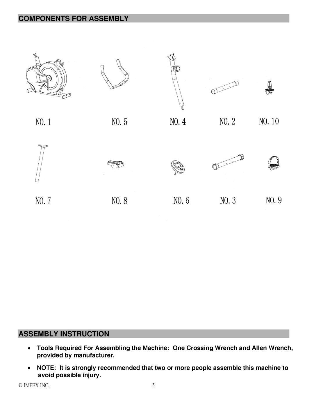 Impex NS-1003U manual Components for Assembly Assembly Instruction 