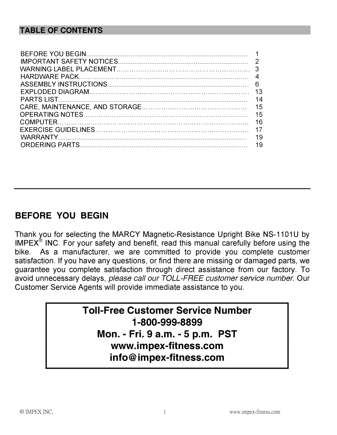 Impex NS-1101U manual Before YOU Begin, Table of Contents 