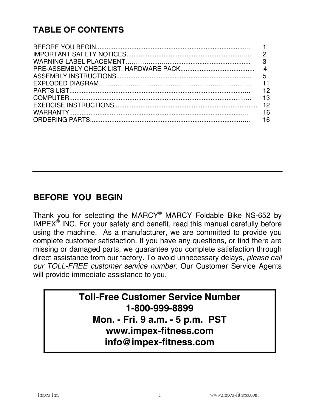 Impex NS-652 manual Table of Contents, Before YOU Begin 