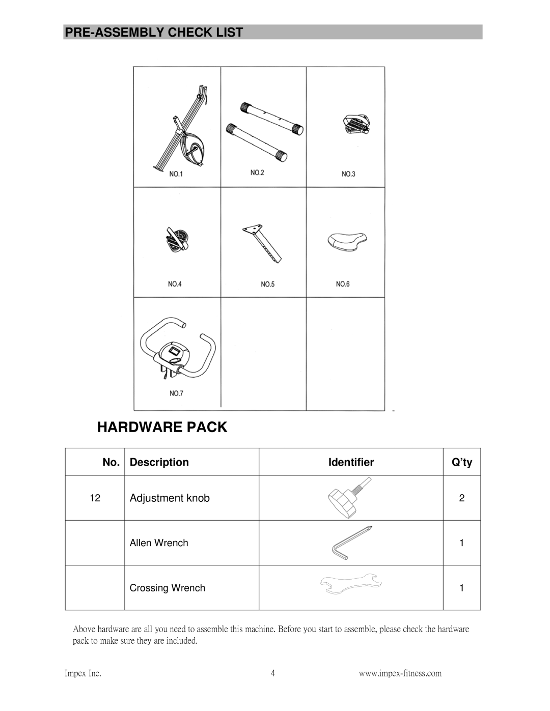 Impex NS-652 manual Hardware Pack, PRE-ASSEMBLY Check List, No. Description Identifier, ’ty 