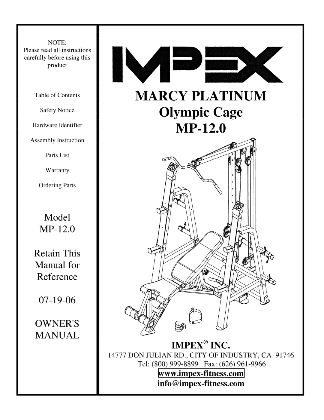 Impex Olympic Cage manual Marcy Platinum 