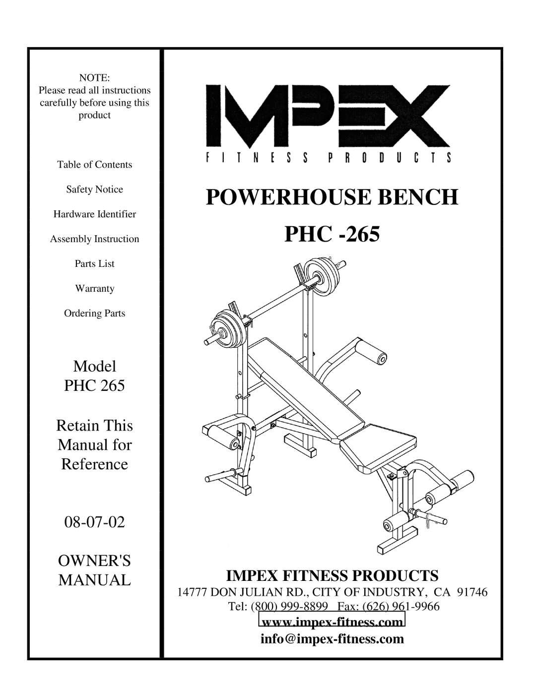 Impex PHC -265 manual Powerhouse Bench 