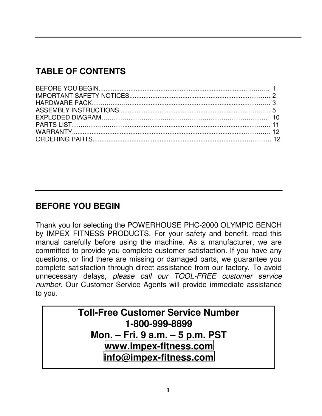 Impex PHC 2000 manual Toll-Free Customer Service Number Mon. Fri a.m. 5 p.m. PST 