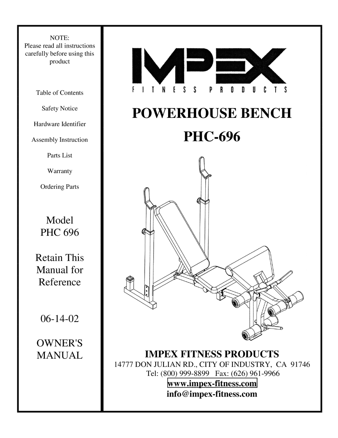 Impex PHC-696 manual Powerhouse Bench 