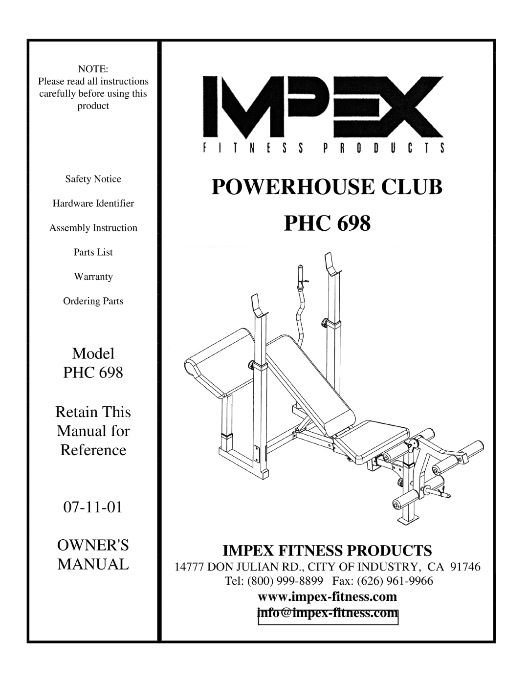 Impex PHC 698 manual Powerhouse Club 