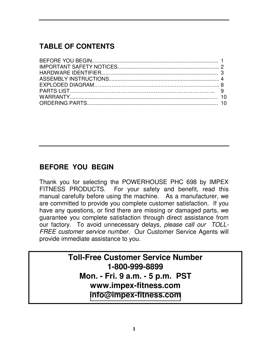 Impex PHC 698 manual Table of Contents, Before YOU Begin 