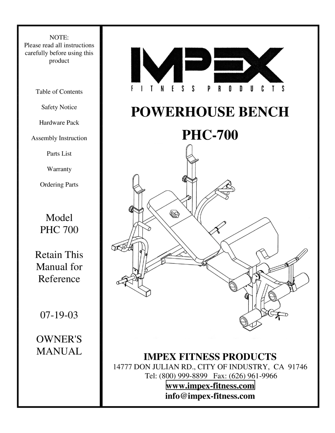 Impex PHC-700 manual Powerhouse Bench 