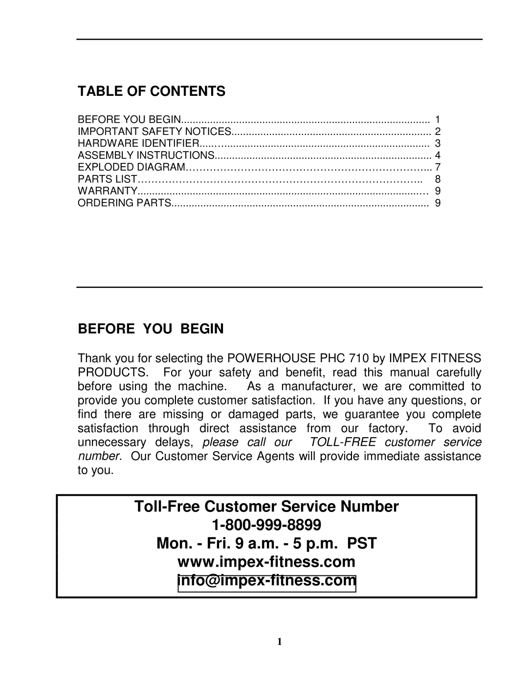 Impex PHC 710 manual Table of Contents, Before YOU Begin 