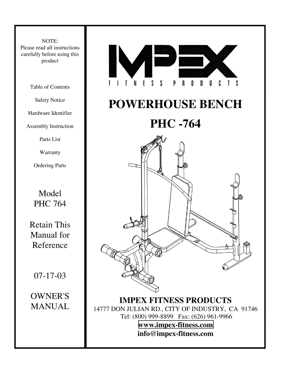 Impex PHC 764 manual Powerhouse Bench 