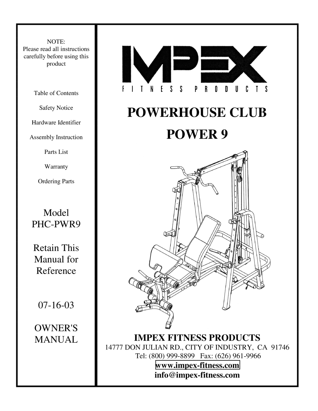 Impex PHC-PWR9 manual Powerhouse Club 