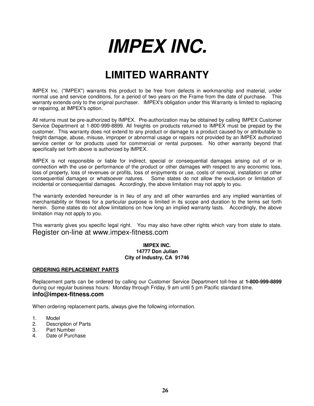 Impex PHE 2000 manual Impex INC, Info@impex-fitness.com 