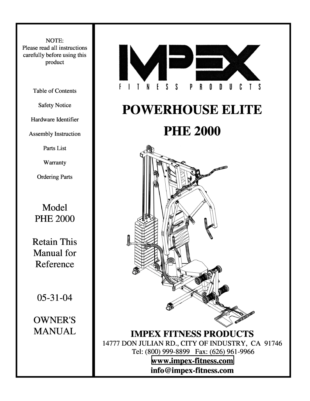 Impex PHE 2000 manual info@impex-fitness.com, Powerhouse Elite, Model, Retain This, Manual for, Reference, Owners 