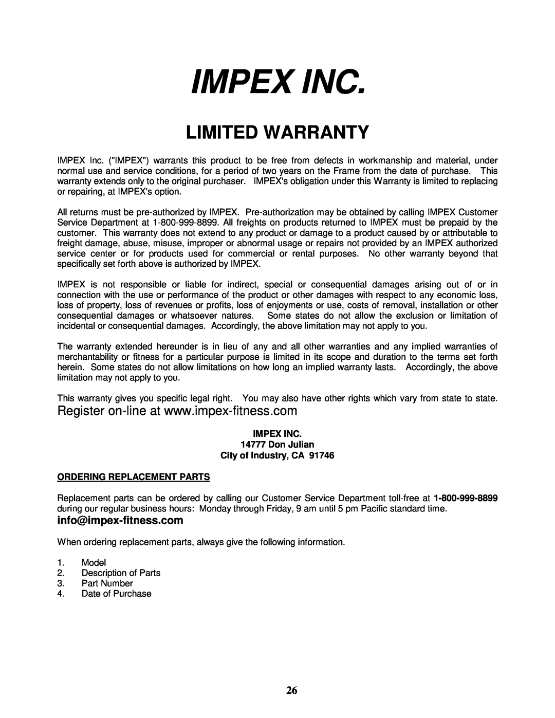 Impex PHE 2000 Impex Inc, Limited Warranty, IMPEX INC 14777 Don Julian City of Industry, CA, Ordering Replacement Parts 