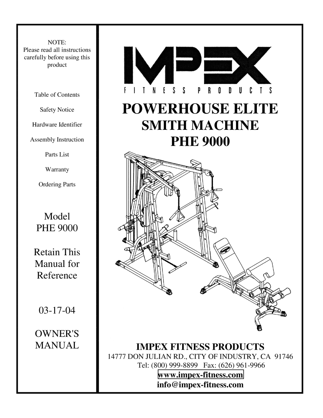 Impex PHE 9000 manual Powerhouse Elite 