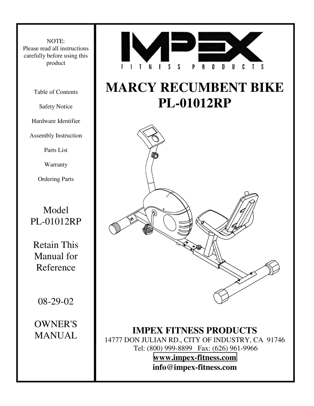 Impex PL-01012RP manual Marcy Recumbent Bike 