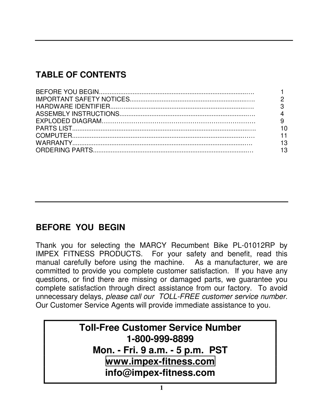 Impex PL-01012RP manual Table of Contents, Before YOU Begin 