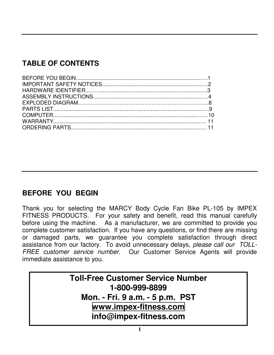 Impex PL-105 manual Table of Contents, Before YOU Begin 