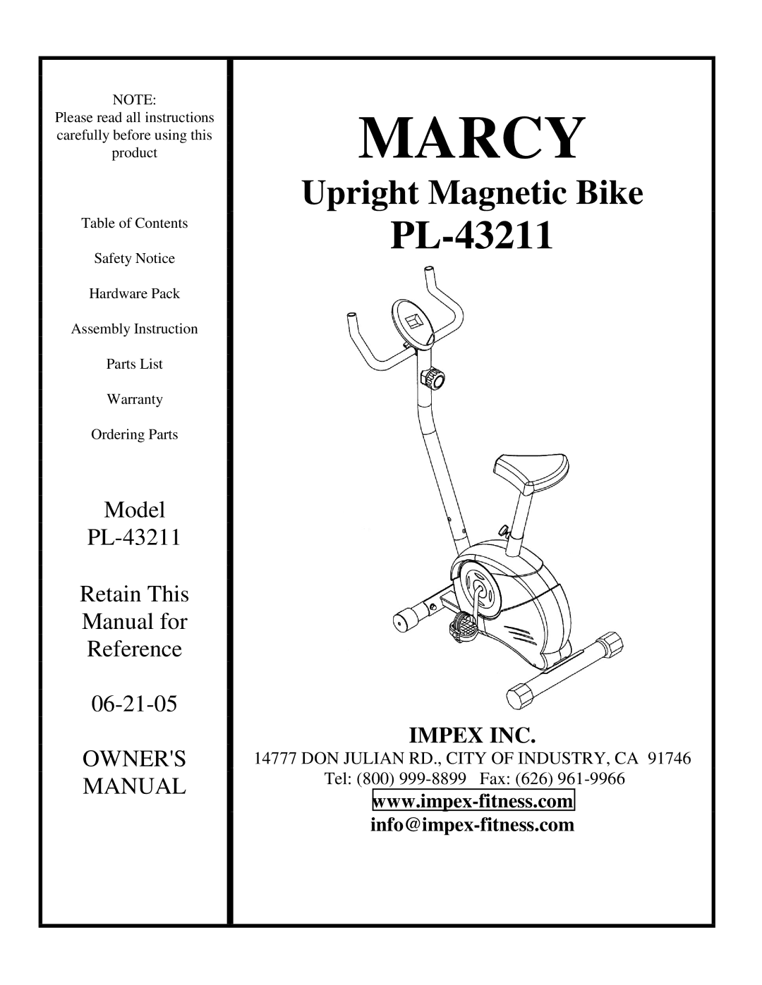 Impex PL-43211 manual Marcy 