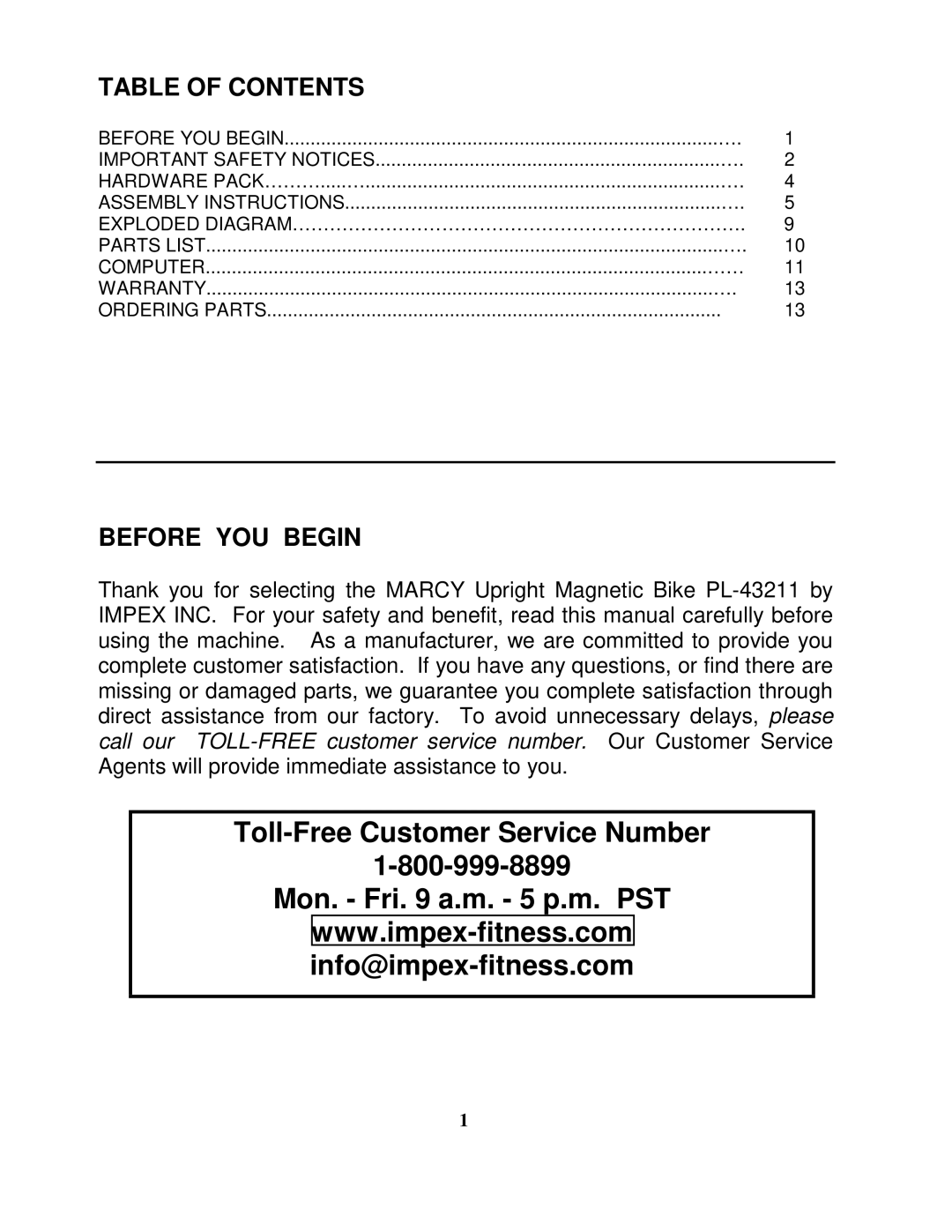 Impex PL-43211 manual Table of Contents, Before YOU Begin 