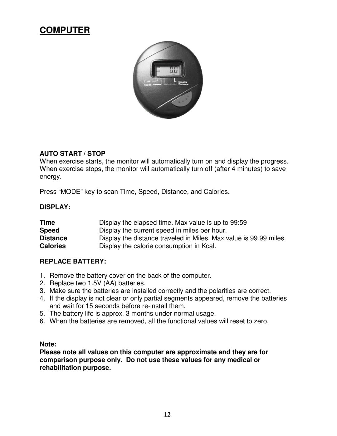 Impex PL-43231 manual Computer, Auto Start / Stop, Display, Replace Battery 