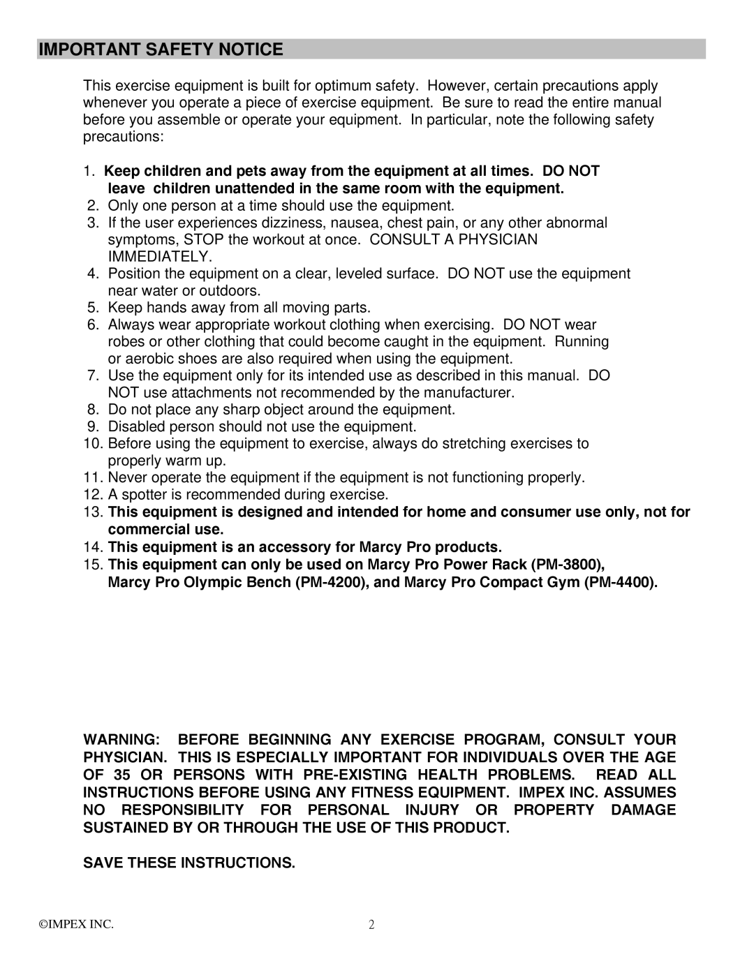 Impex PM-30 manual Important Safety Notice 