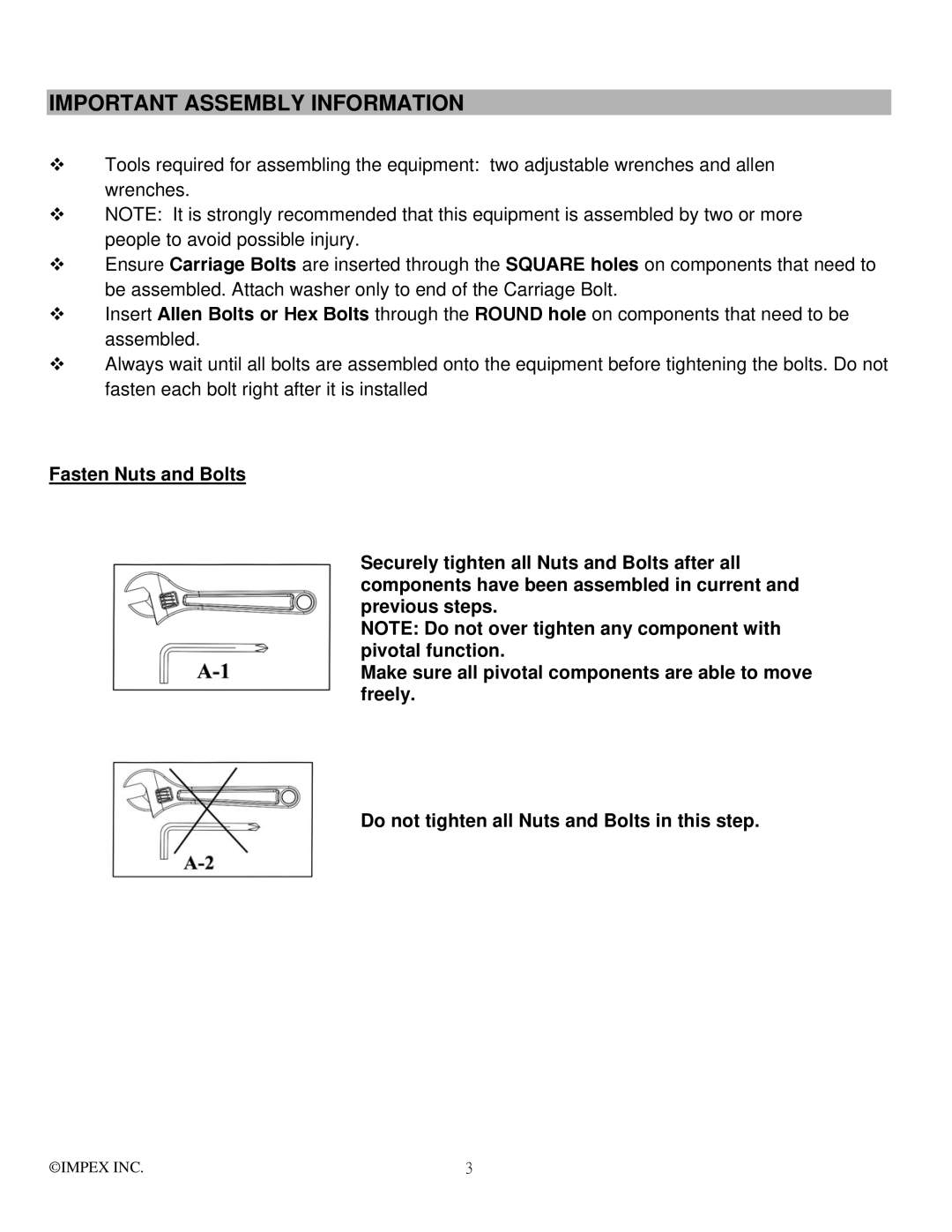 Impex PM-30 manual Important Assembly Information 