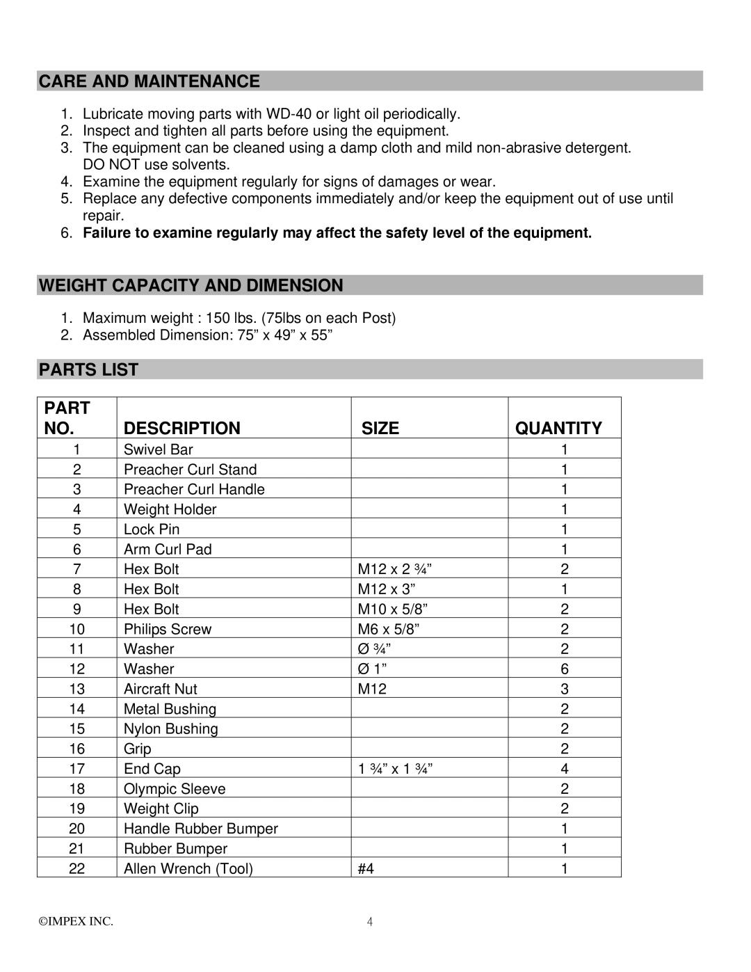 Impex PM-30 manual Care and Maintenance, Weight Capacity and Dimension, Parts List Size Quantity Description 