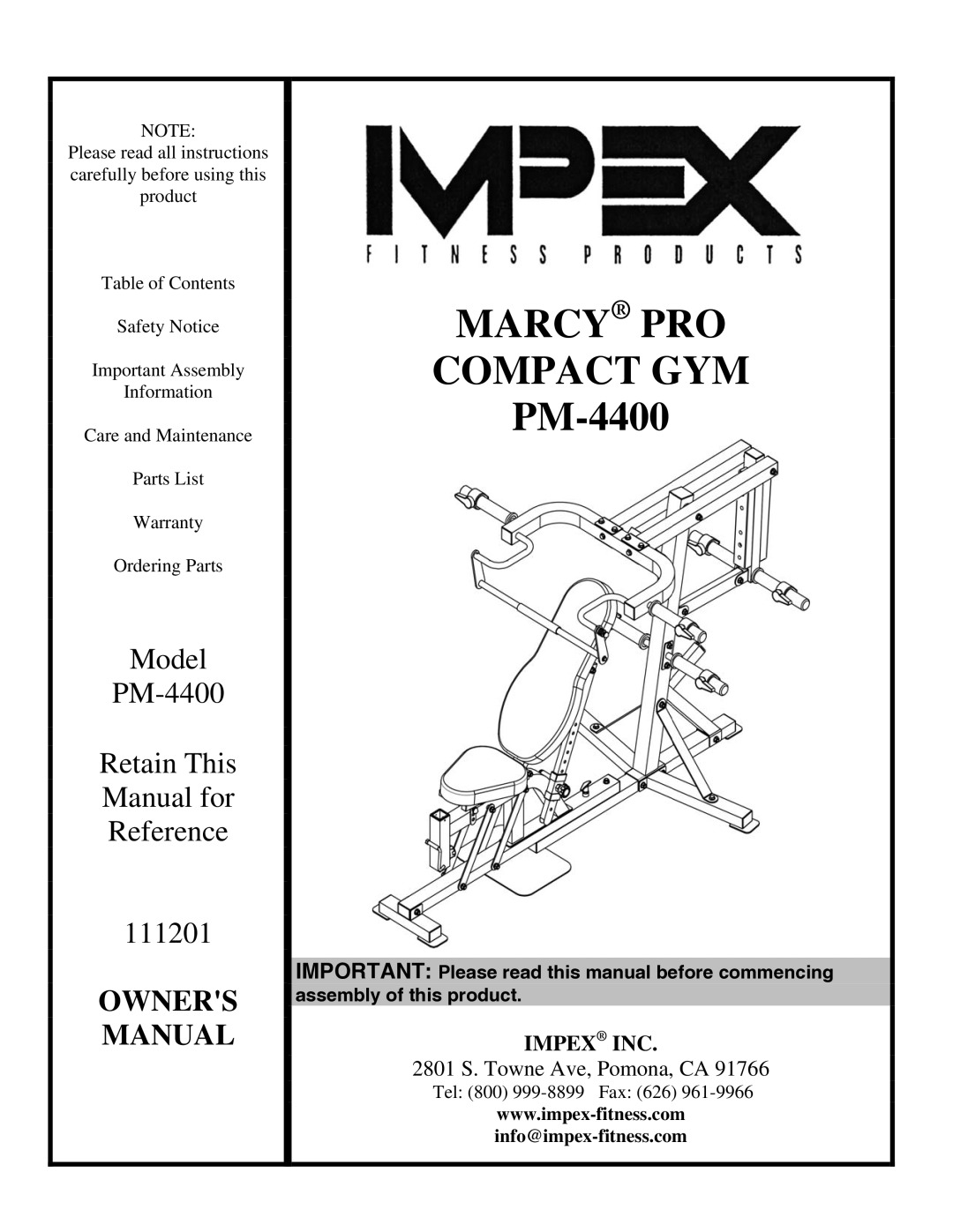 Impex PM-4400 manual Marcy PRO Compact GYM 