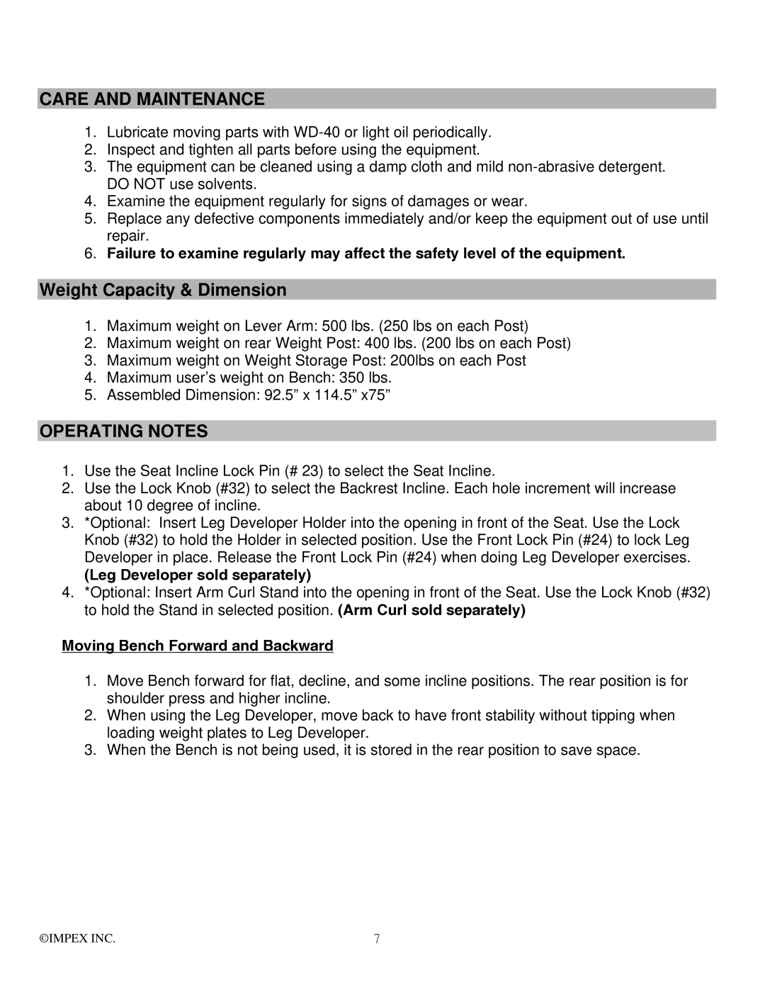 Impex PM-4400 manual Care and Maintenance, Operating Notes 