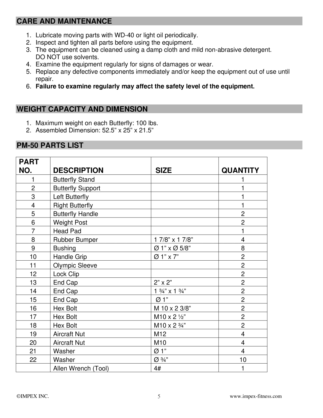 Impex manual Care and Maintenance, Weight Capacity and Dimension, PM-50 Parts List Size Quantity Description 