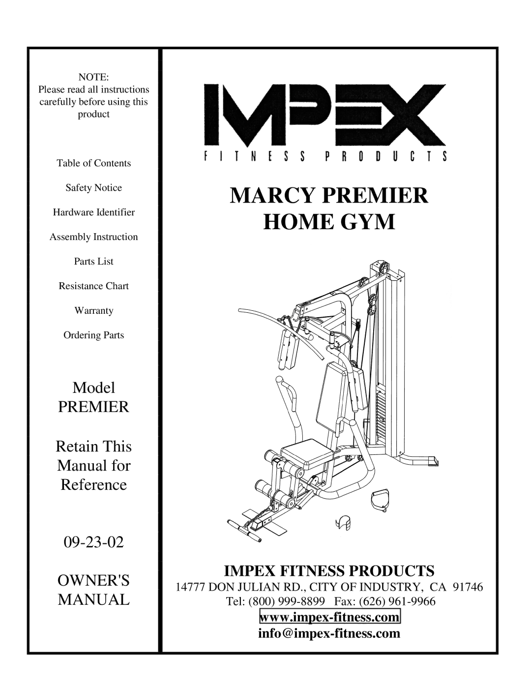 Impex PREMIER manual Marcy Premier 