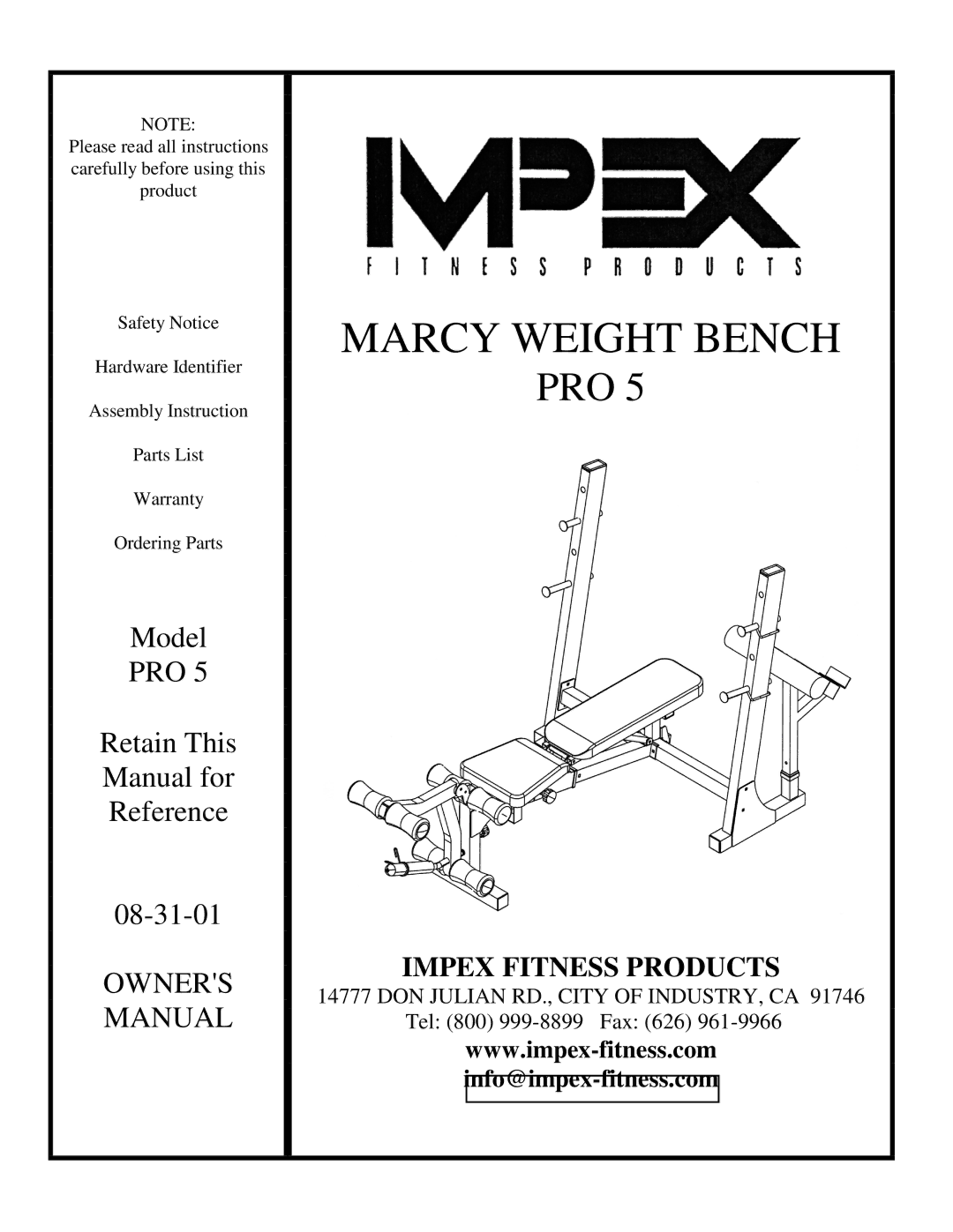 Impex PRO 5 manual Marcy Weight Bench 