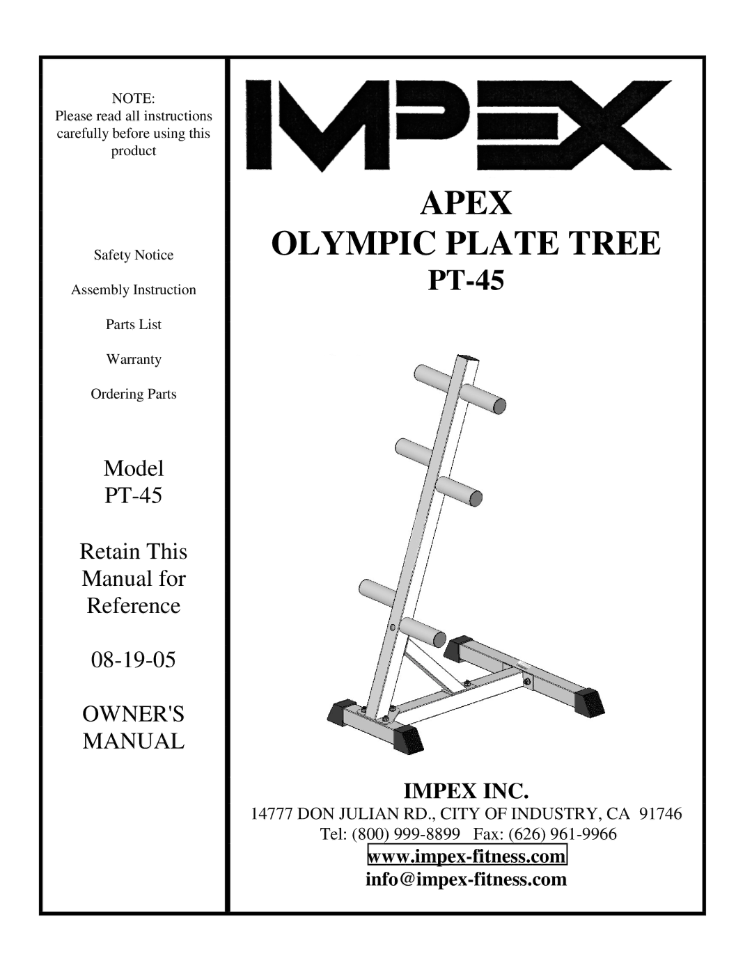 Impex PT-45 manual Apex Olympic Plate Tree 