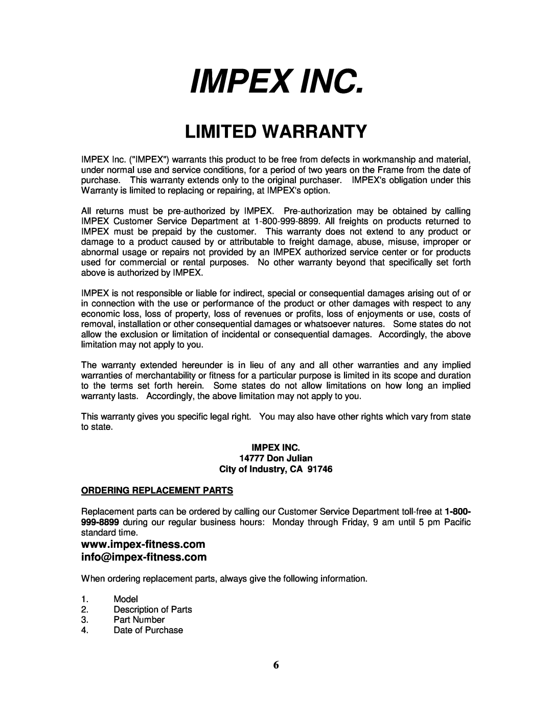 Impex PT-45 manual Impex Inc, Limited Warranty, IMPEX INC 14777 Don Julian City of Industry, CA, Ordering Replacement Parts 