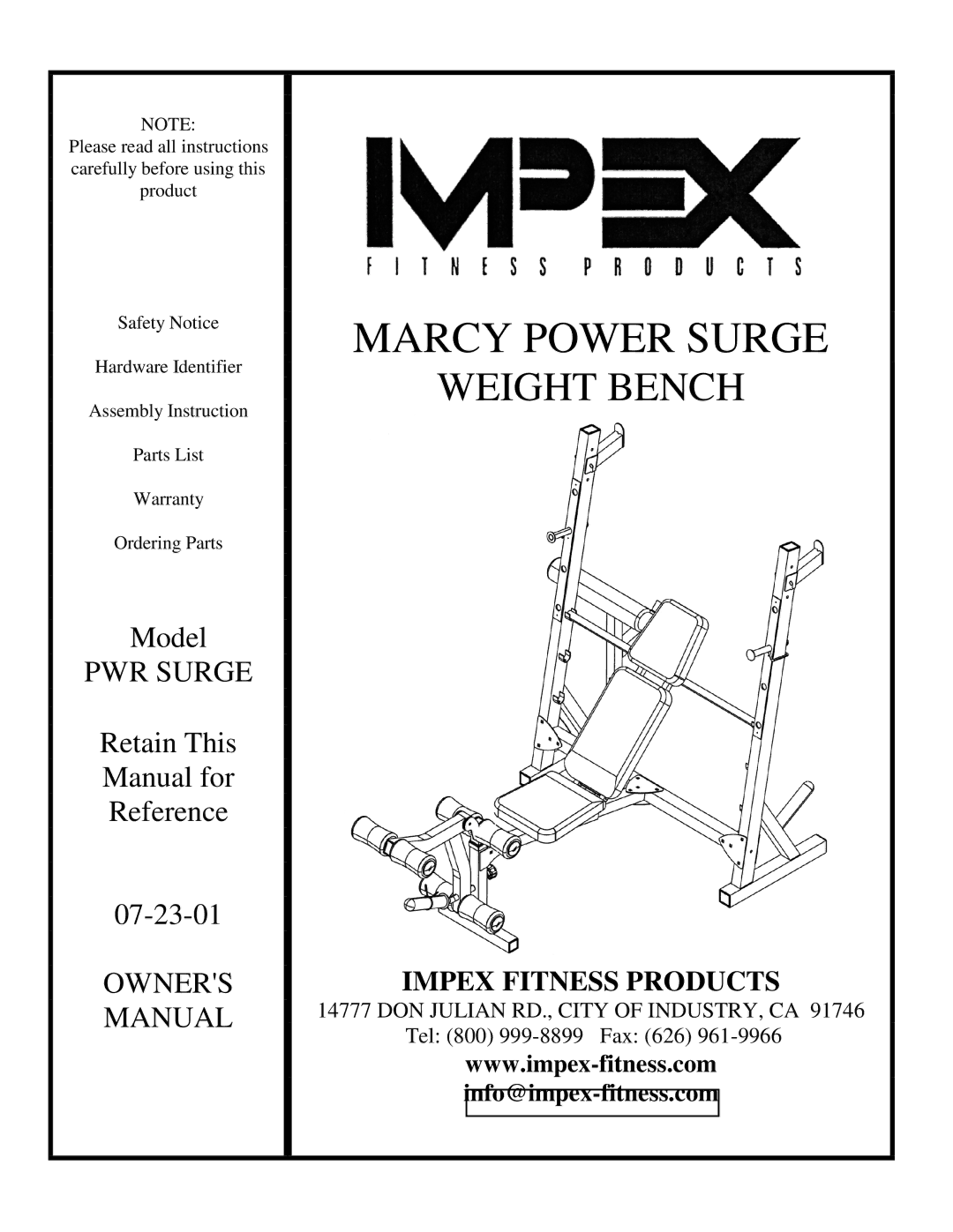 Impex PWR SURGE manual Marcy Power Surge 