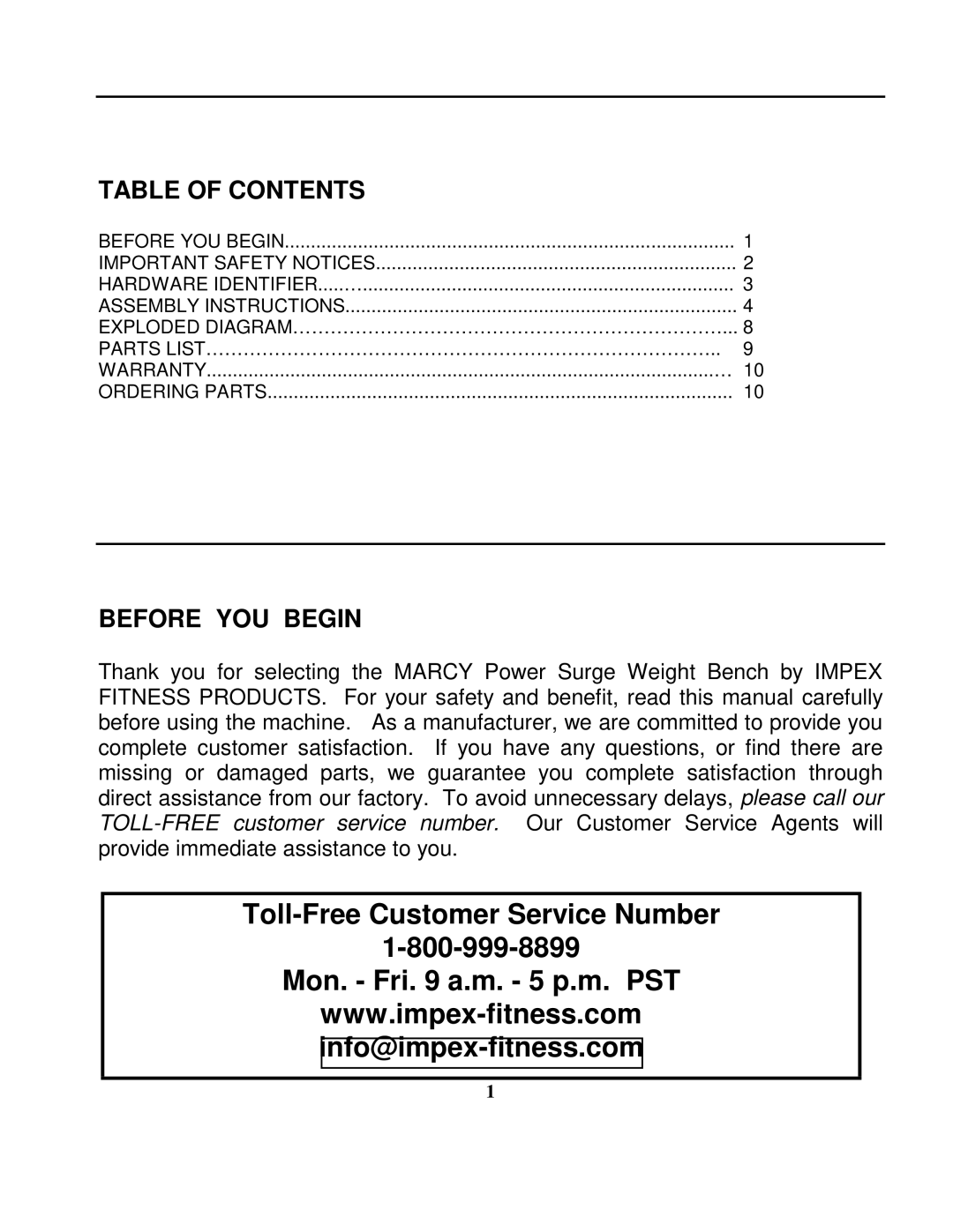 Impex PWR SURGE manual Toll-Free Customer Service Number Mon. Fri a.m. 5 p.m. PST 