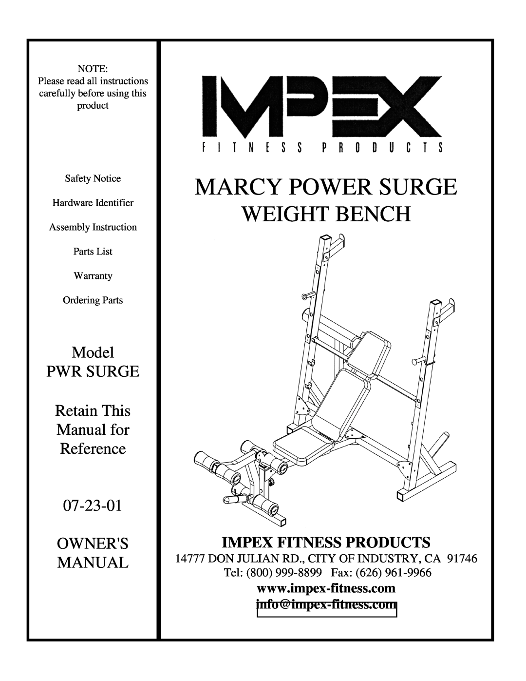 Impex PWR SURGE manual info@impex-fitness.com, Marcy Power Surge, Weight Bench, Model, Pwr Surge, Retain This, Manual for 