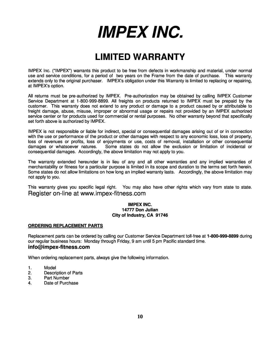 Impex PWR SURGE Impex Inc, Limited Warranty, IMPEX INC 14777 Don Julian City of Industry, CA, Ordering Replacement Parts 