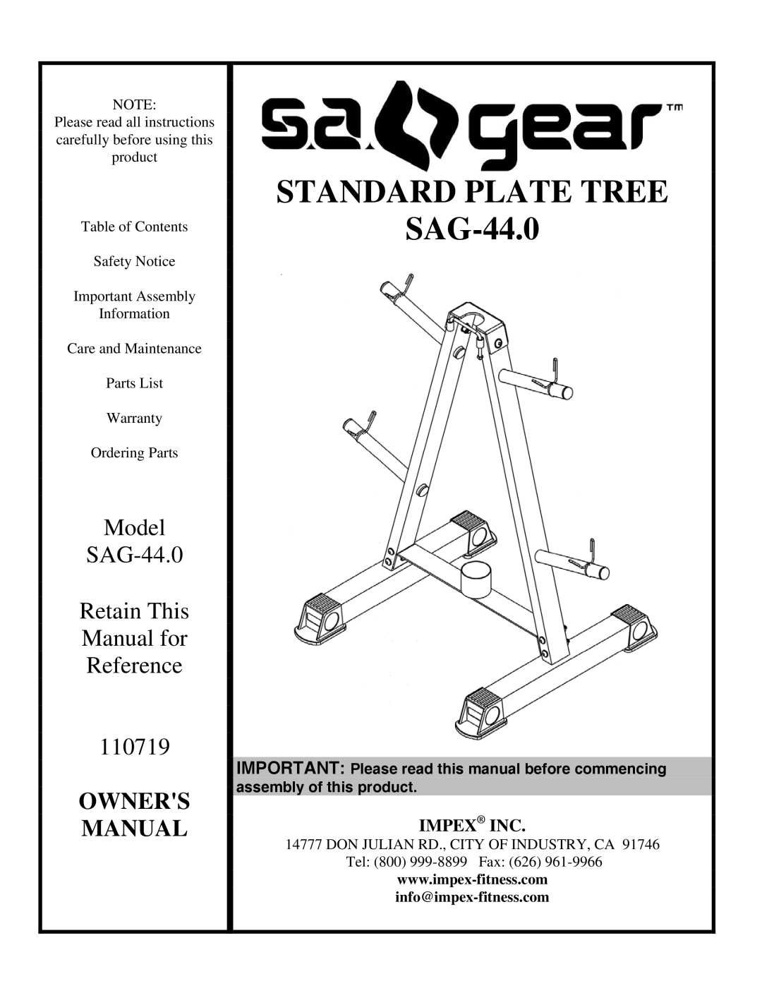 Impex SAG-44.0 manual Standard Plate Tree 