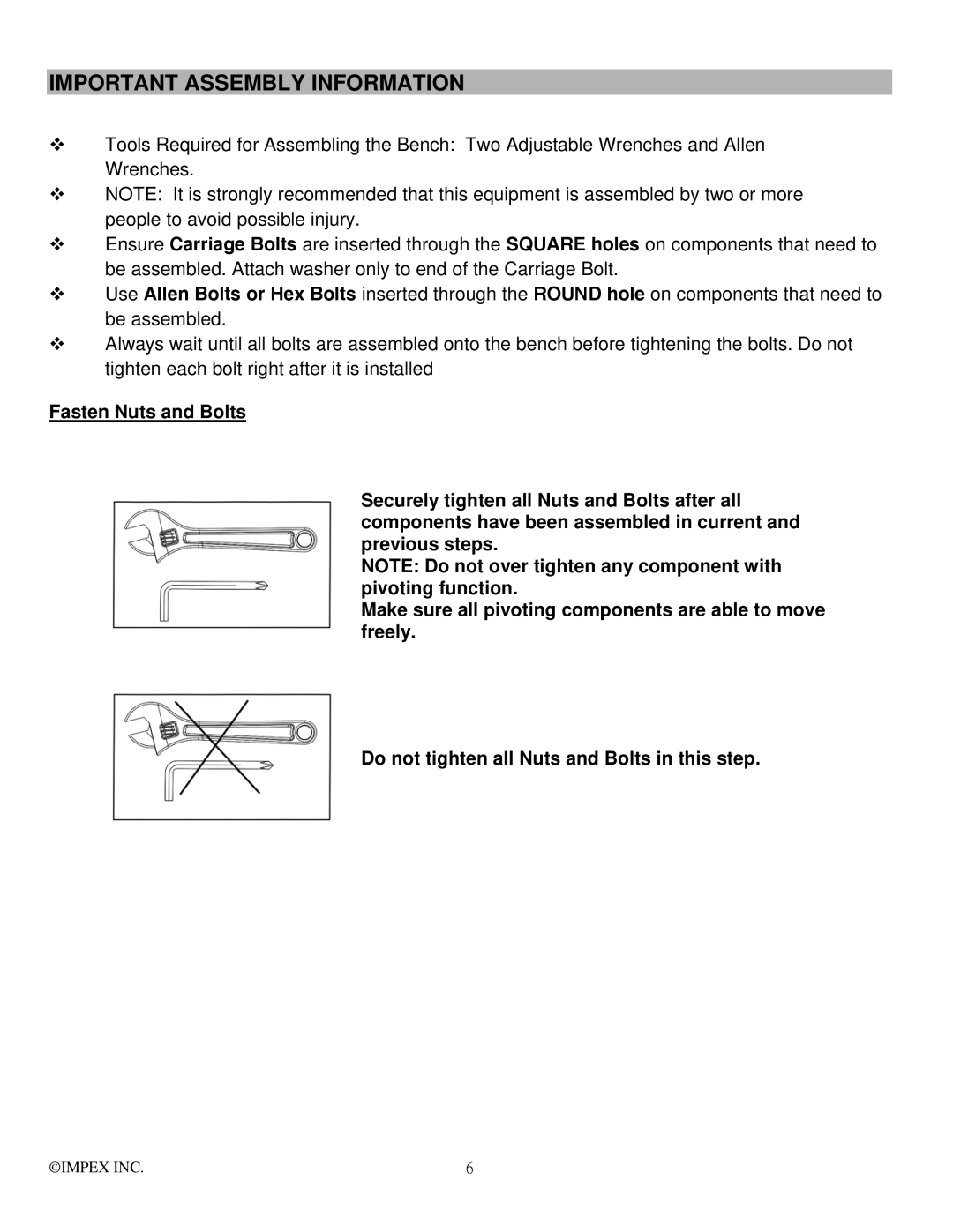 Impex SAG-44.0 manual Important Assembly Information 