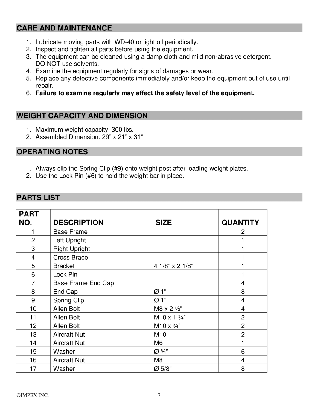 Impex SAG-44.0 Care and Maintenance, Weight Capacity and Dimension, Operating Notes, Parts List Size Quantity Description 