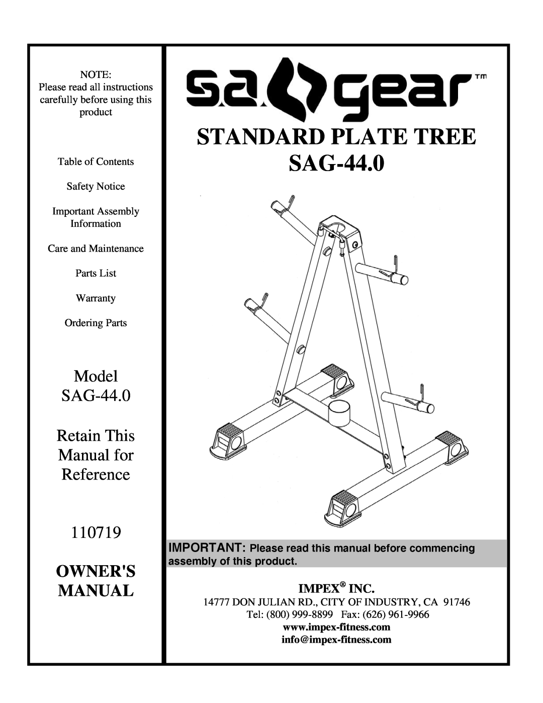 Impex manual STANDARD PLATE TREE SAG-44.0, Model SAG-44.0 Retain This Manual for Reference 110719, Owners Manual 