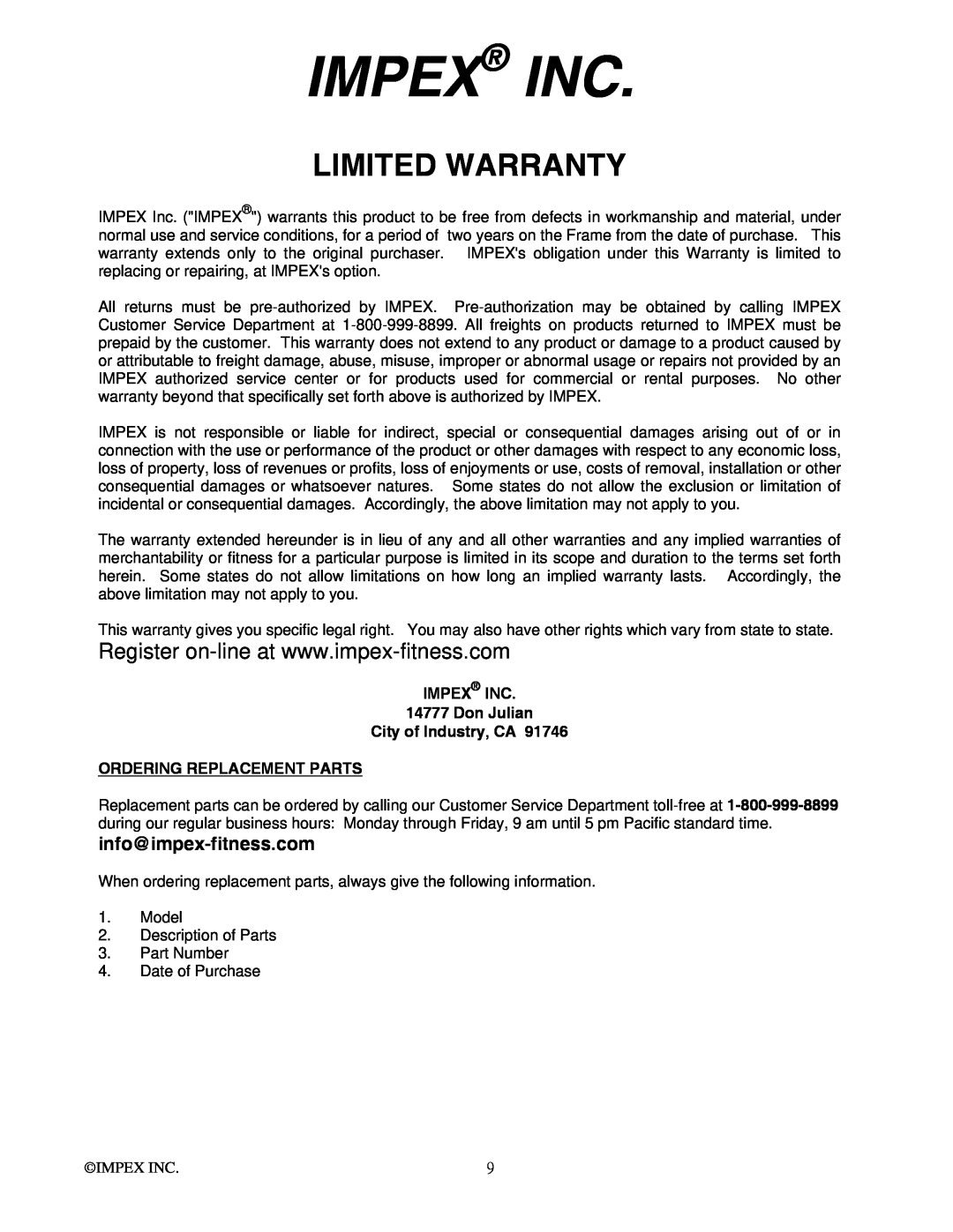 Impex SAG-44.0 Impex Inc, Limited Warranty, IMPEX INC 14777 Don Julian City of Industry, CA, Ordering Replacement Parts 